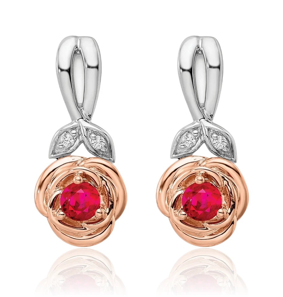 14K Solid Two Tone Gold Ruby Diamond Flower Dangle Earrings - Image 2 of 4