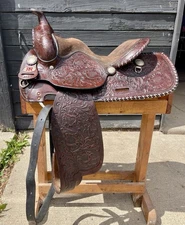 Western Saddle, 15″, Fully Tooled With Silver Accents And Suede Seat