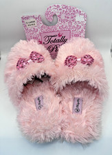 Women's Pink Fuzzy Slippers XL Sequin Bow Totally Pink