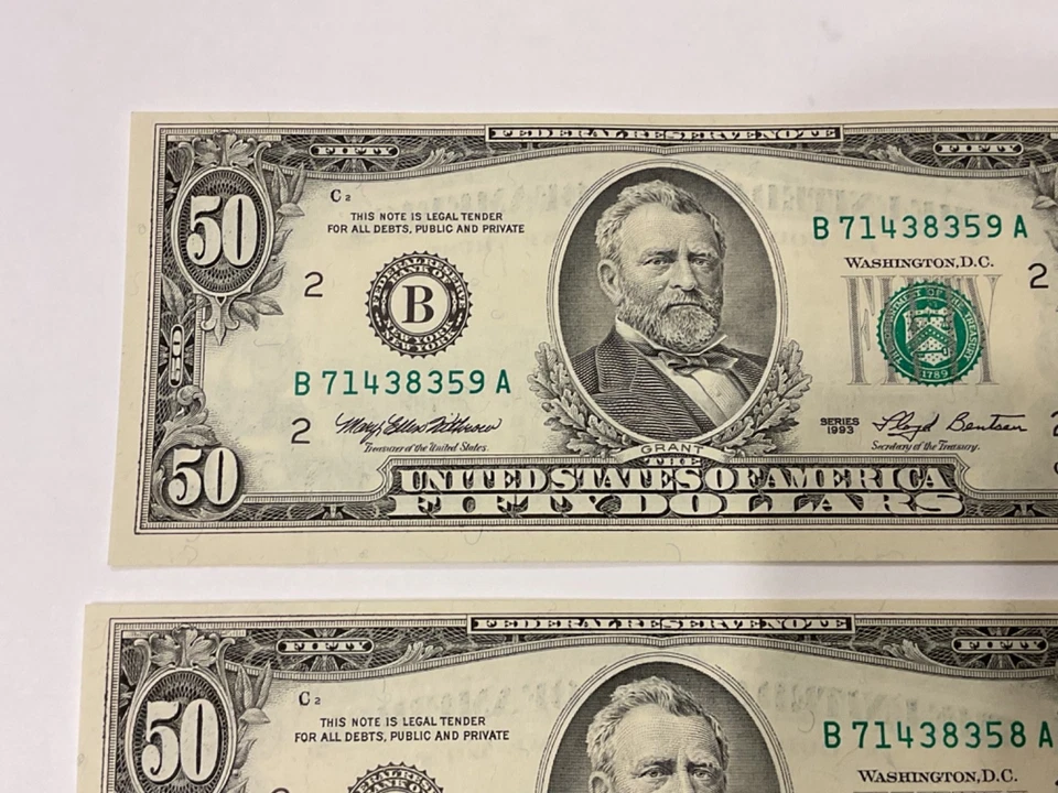 (2) Sequential Pair 1993 $50 Fifty Dollar Bills Ink Bleed EXCELLENT CONDITION - Image 4 of 4
