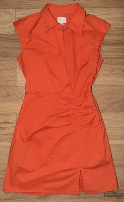 Milly Sz 2 Maxwell Mini Rushed Cap Sleeve Shirt Dress Orange Coral EUC!