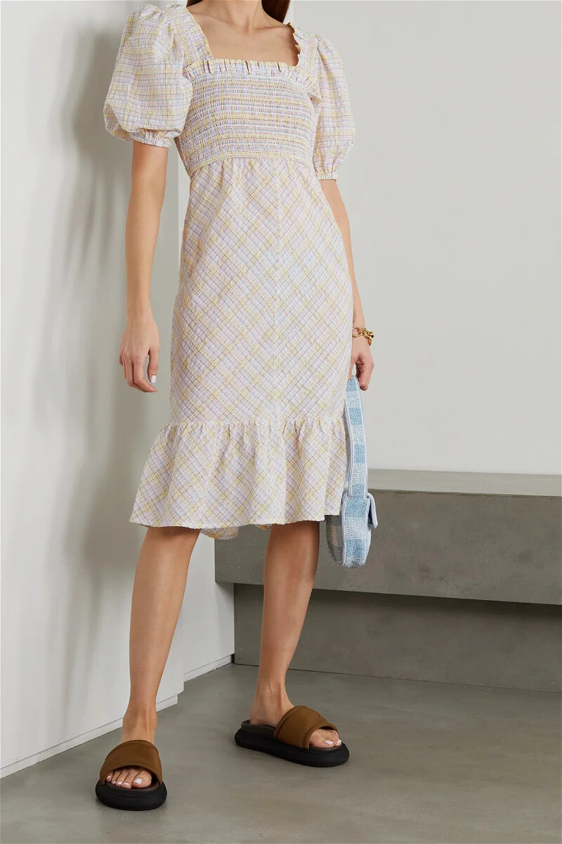 ganni check midi dress GANNI Seersucker Shirred Midi Dress