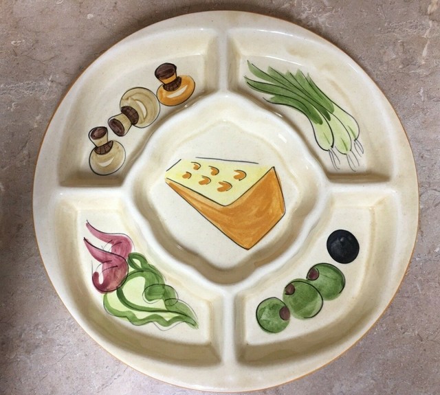 Vintage Pottery Ceramic Vegetable Veggie Dip Tray Mushroom Divided
