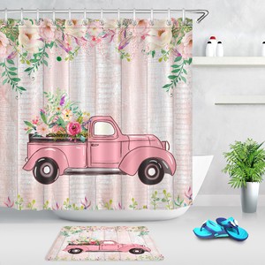 Valentine S Day Pink Retro Truck Roses Flowers Shower Curtain Set Bathroom Decor Ebay