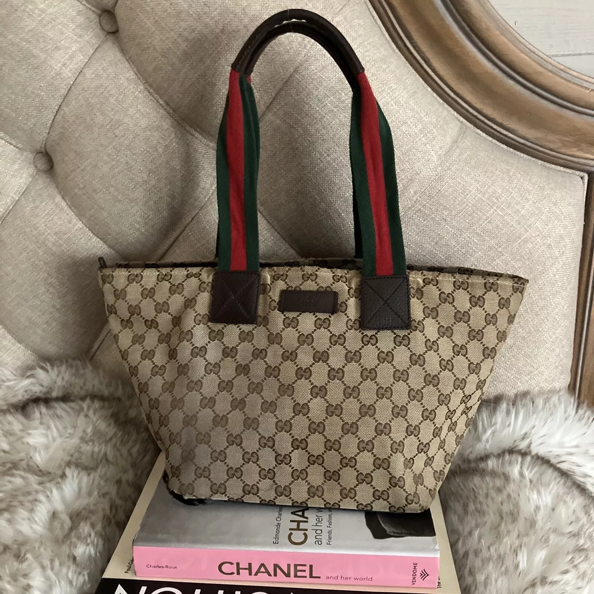 Authentic GUCCI Canvas GG Web Brown CHIC |