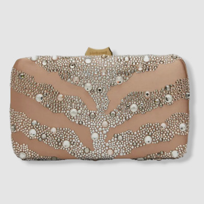 $2700 ROBERTO CAVALLI Women's Beige Raso Chain Crystal-Embellished Clutch Bag