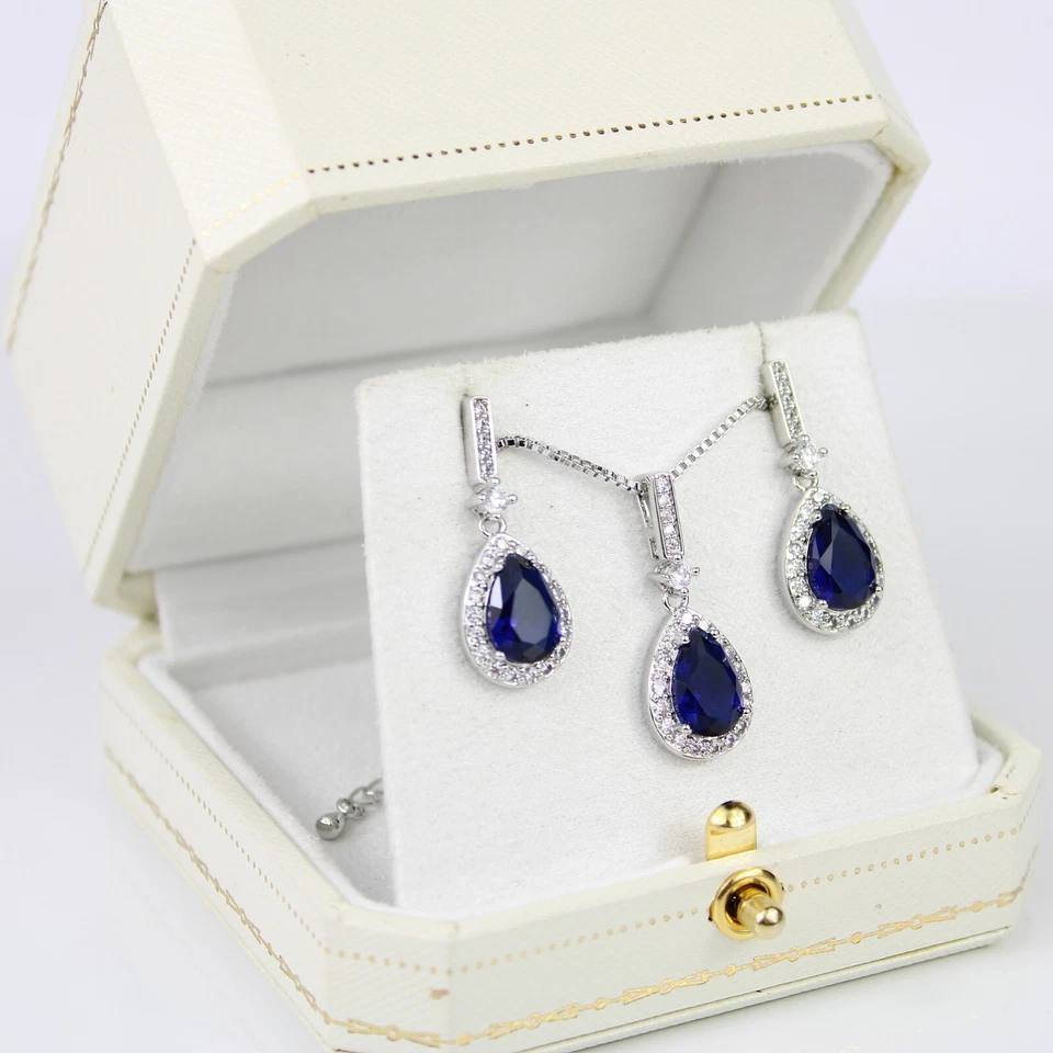ACABADO ORO BLANCO Juego de Joyería Colgante Diamante Corte Pera de Zafiro Azul Creado Foto 3 de 4