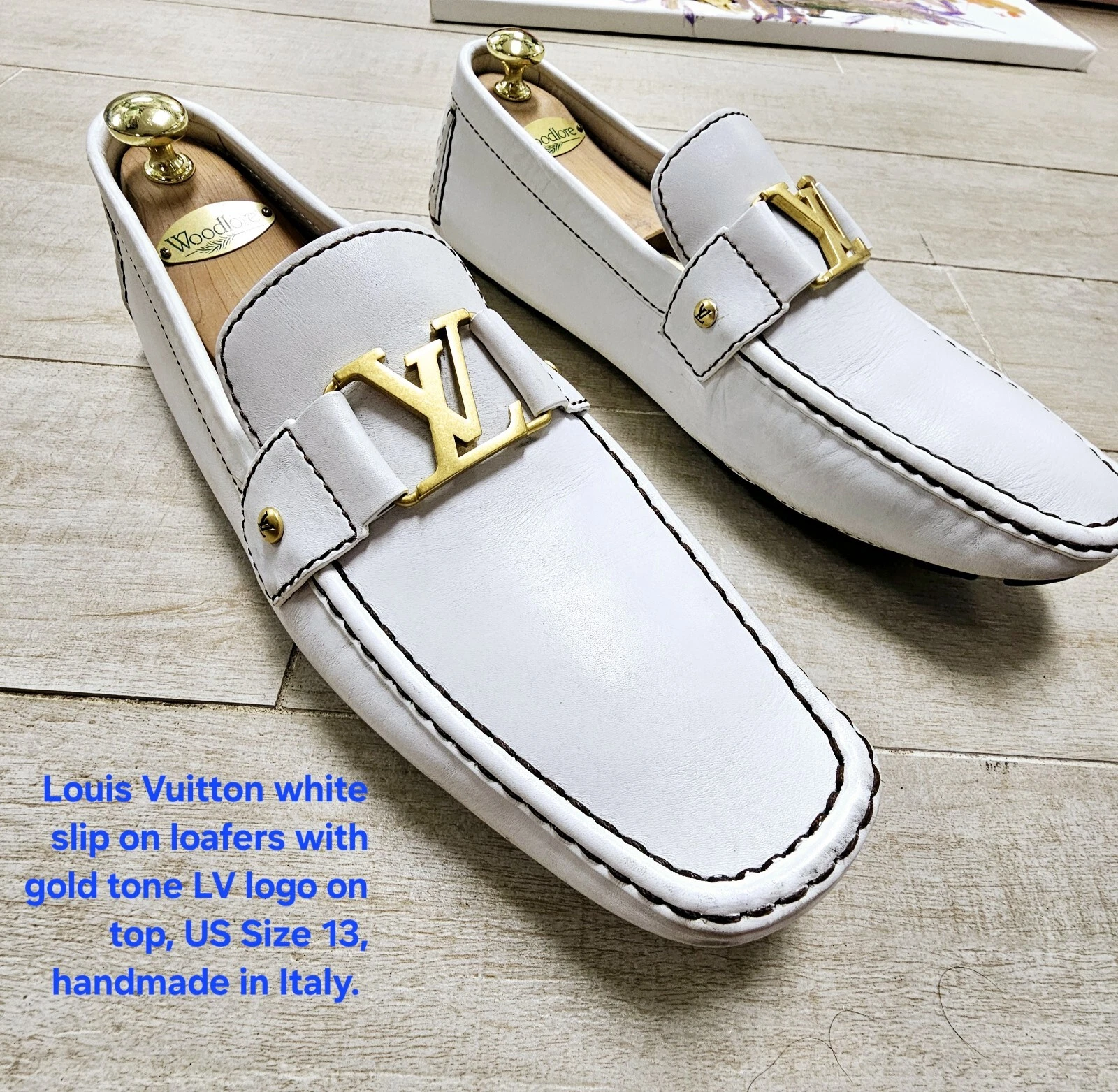 LOUIS VUITTON（LV） Mocassini scarpe Louis Vuitton bianchi con logo LV tono oro fatti a mano Italia US13 EU46