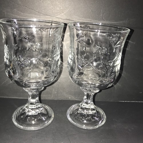 2 Anchor Hocking Savannah Goblet Rose Flower Embossed Water Wine Glasses