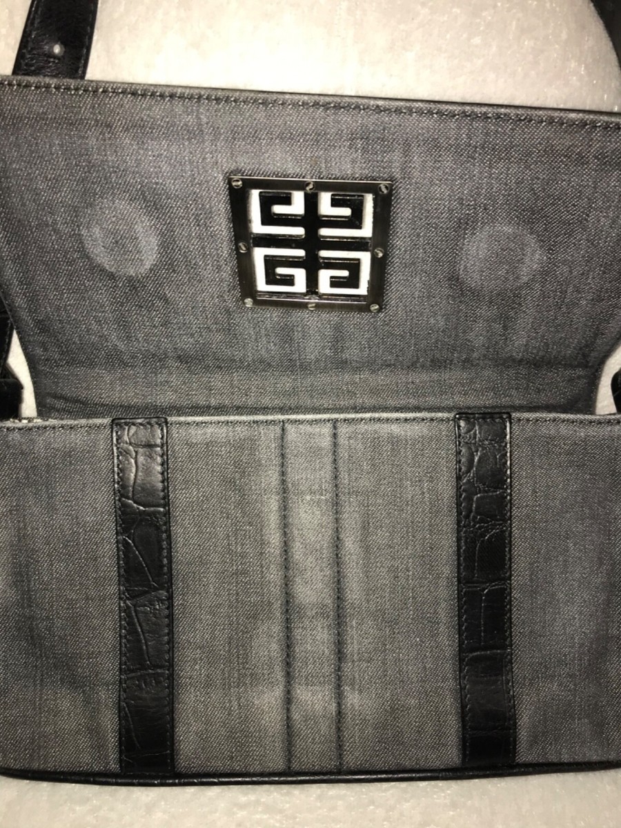 Givenchy Black Denim And Leather Trimmed Flap Silver Logo