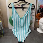 Kona Sol One-Piece Swimsuit Teal & White vertical Stripes Size Large