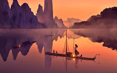 Anime girls fantasy art girl reflection han yi jie playmat gaming mat