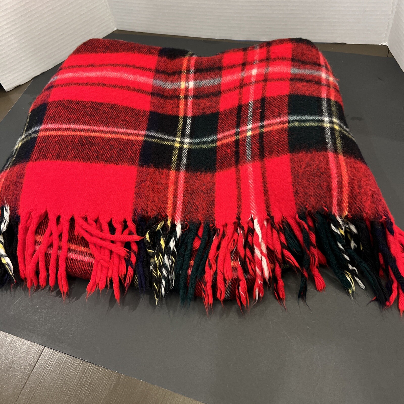 Vintage Robe Blanket By Troy Mills Red Black Plaid Fringe Wool Stadium