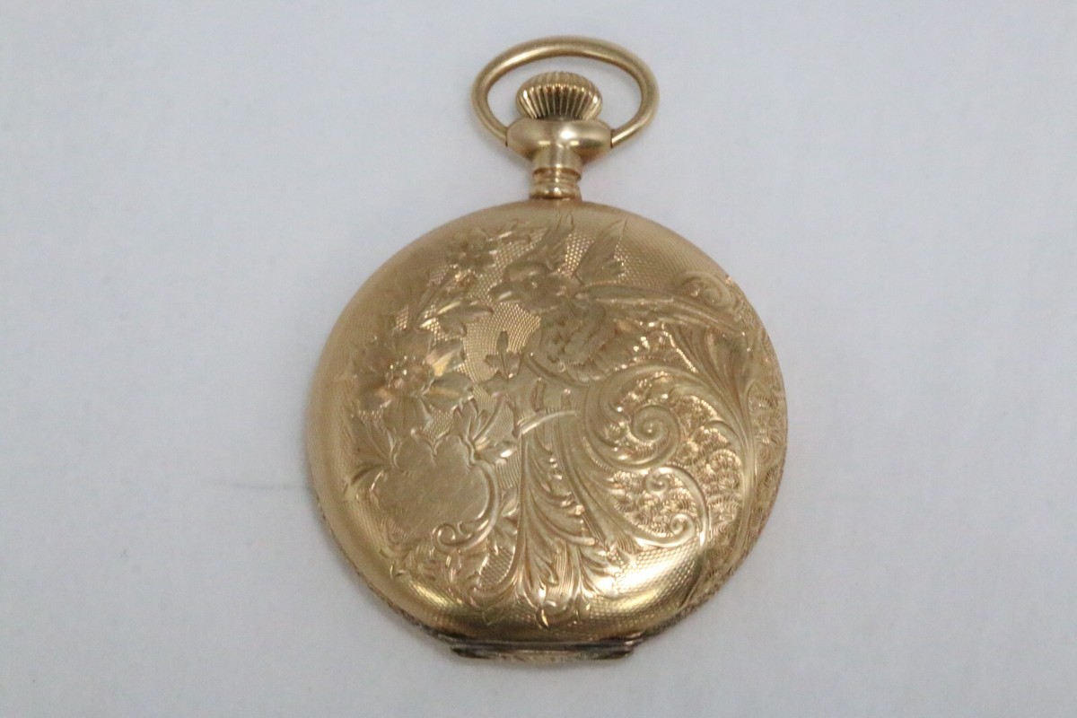 Elgin 17 Jewels 1904 14K Yellow Gold Hunter Case Bird Motif Pocket