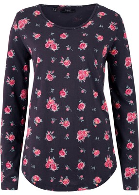 Langarmshirt Gr. 44/46 Nachtblau Mattrosa Geblümt Damen Baumwoll-Shirt Bluse Neu
