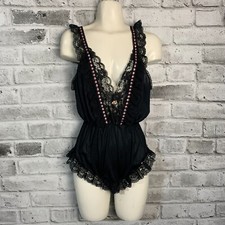Vintage Black Satin Lace Teddy Romper Bodysuit Plunge V-Neck Size M Whimsigoth