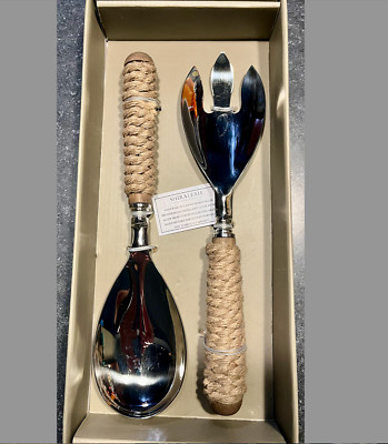 SHIRALEAH Coastal Twisted Rope Wood Polished Metal Salad Server Set New-In-Box