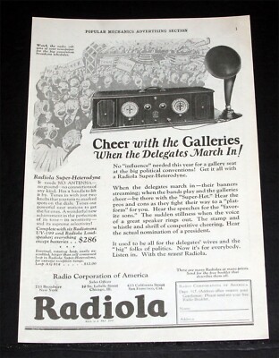 1924 OLD MAGAZINE PRINT AD, RCA RADIOLA SUPER-HETEREODYNE, CHEER THE DELEGATES!