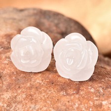 14.15 White Jade Rose Carved Flower Stud Earrings in Sterling Silver