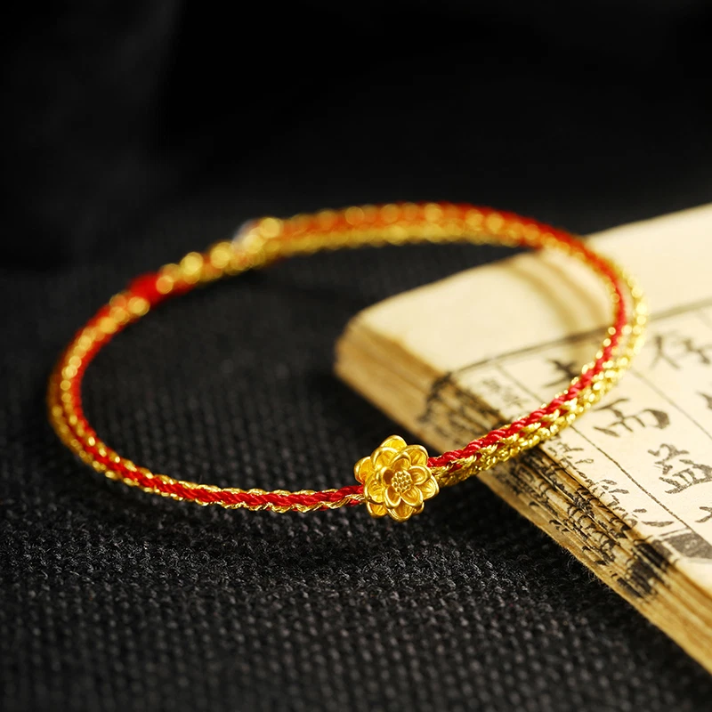 Pulsera tejida de loto de la suerte 3D de oro amarillo puro 999 24K regalo para mujer Foto 3 de 4