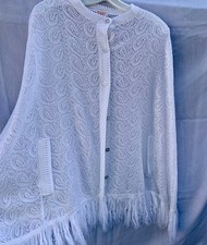 Vintage White button-down Sweater Cape Poncho Granny Shawl w/Fringe hem