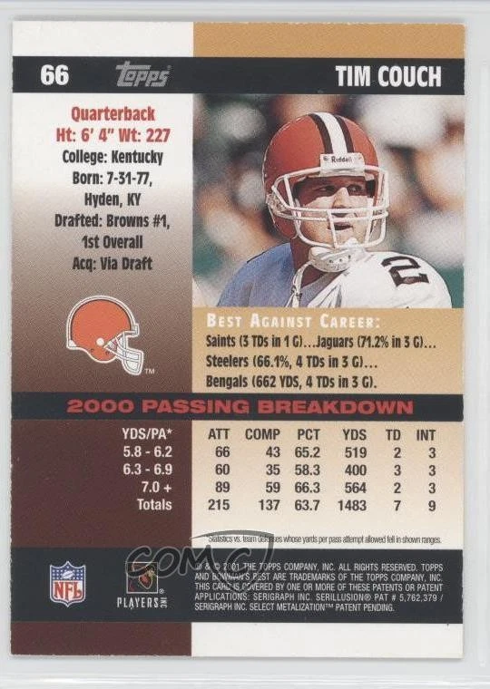 2001 Bowman's Best Tim Couch #66 - Image 2 of 2