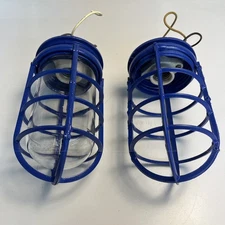 Vintage Keene Stonco Bright Blue Industrial Cage Lights Rewired Pair