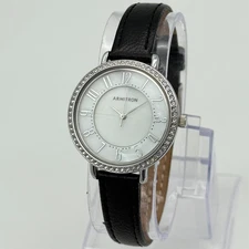 Ladies ARMITRON Silver Tone Crystal Accented, MOP Dial Watch, Leather, 75/5403