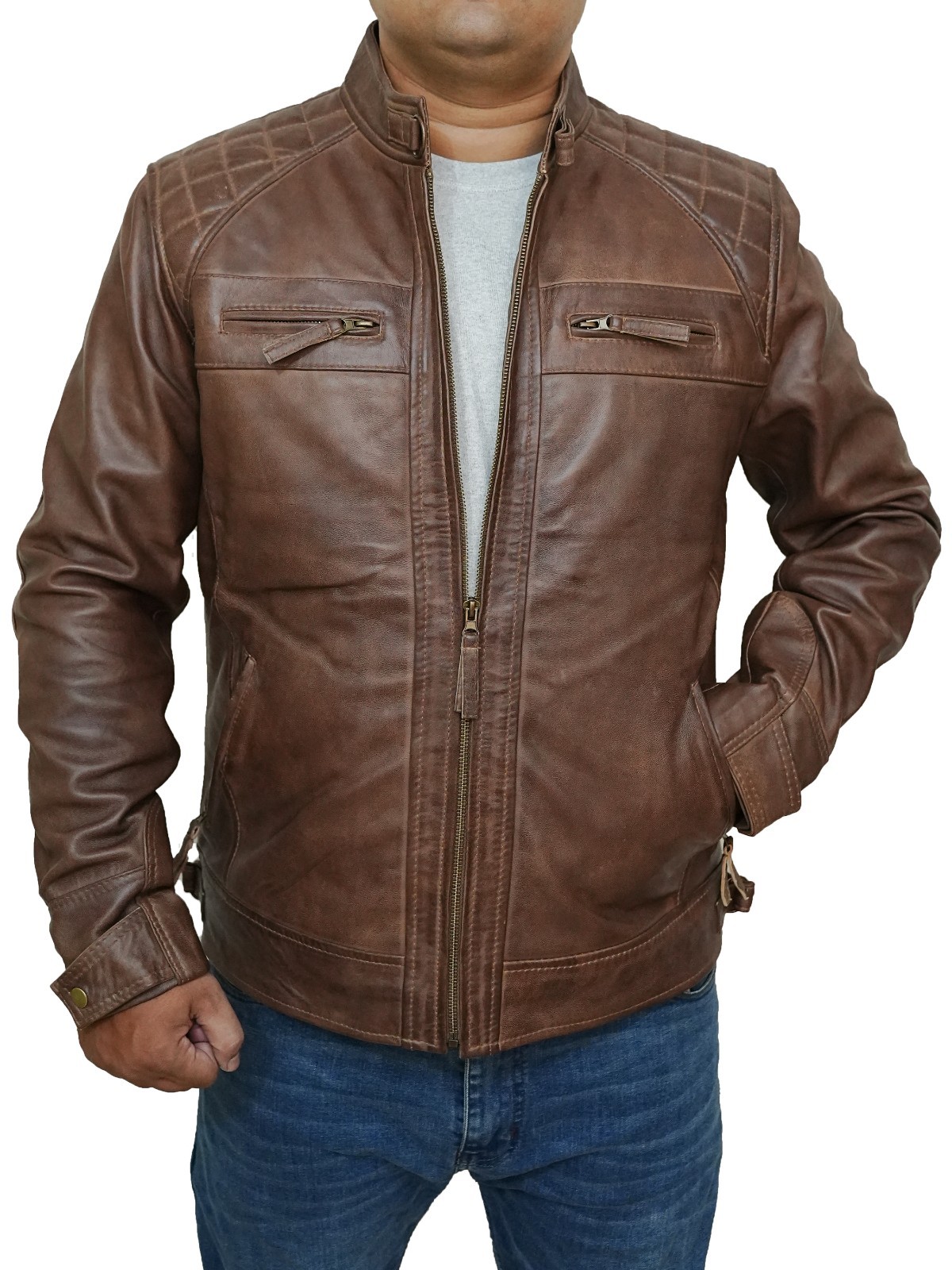 Men's Moto Biker Cafe Racer Quilted Real Lambskin Chocolate Brown Leather Jacket image 3