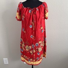 Red Floral XL 0X Boho Peasant Shift Dress Cottagecore Tie Neck Mini Festival