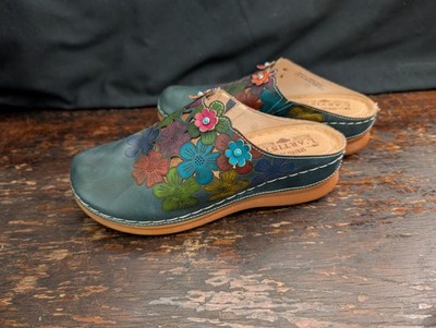 Spring Step L Artiste Augi Floral Leather Wedge Clogs Mules Womens 38 7 7.5 8