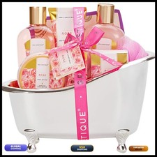 spa luxetique 8 Pcs Rose Spa Basket Gift Set - Bubble Bath, Shower Gel, Body