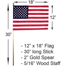 12 x 18 American Stick Flag large size with 30"x3/8" Wood Staff Heavy duty