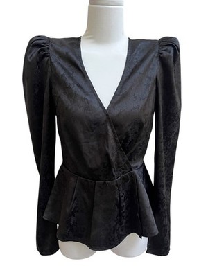 Free Press Satin Top Long Puff Sleeve V Neck Peplum Faux Wrap XS Floral Witchy