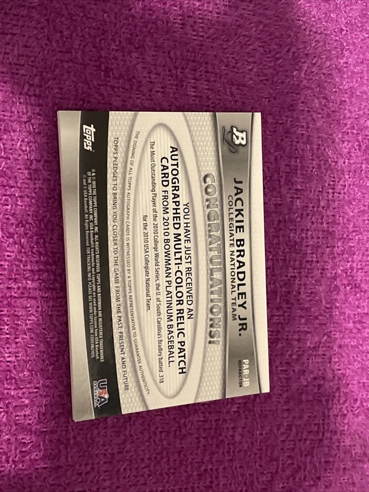 2010 JACKIE BRADLEY JR RC BOWMAN PLATINUM REFRACTOR GAME-WORN AUTO JERSEY #d/740 - Image 3 of 4