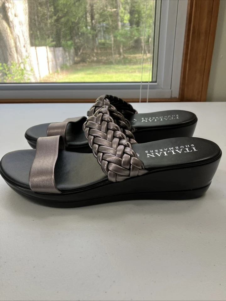 Sandalias Italianas Nuevas Sin Caja Pistola Metal Gris Deslizables Cuña Curativas Trenzadas Talla 10 Foto 3 de 4
