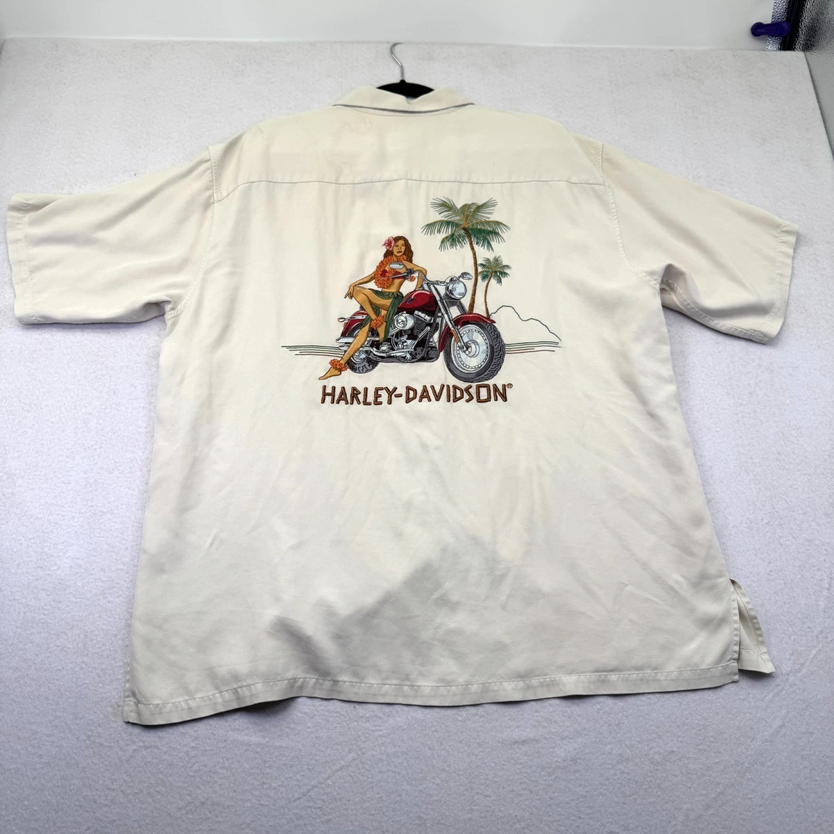 【美品】Harley-Davidson シルク混 半袖シャツ XL 刺繍 00s 25+ Harley-Davidson Silk Casual Button-Down Shirts for Men for