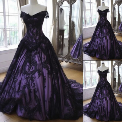 Gothic Black and Purple Wedding Dresses Off Shoulder Lace Appliques Bridal Gowns
