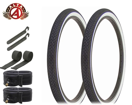 ALTA BICYCLE CRUISER TIRES 26 x 2.125 WHITEWALL BLUE LINE CLASSIC BRICK 8pc SET.