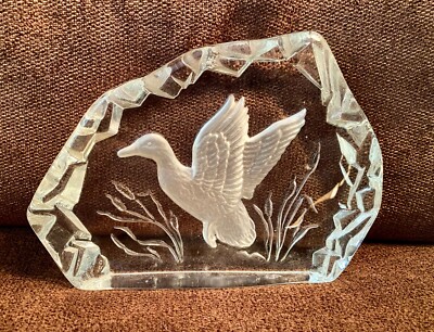 Etched Glass Paperweight featuring Duck Taking Flight amid Cattails