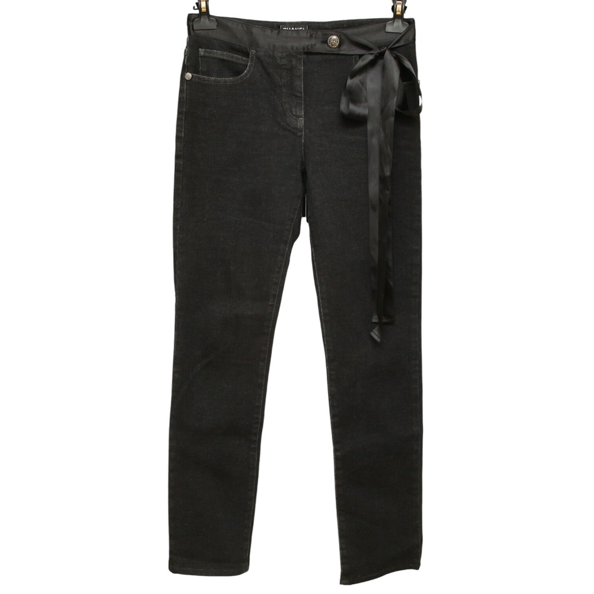 CHANEL JEANS 黒36 CHANEL Jeans Black Denim Straight Leg Mid-Rise Belt Rome