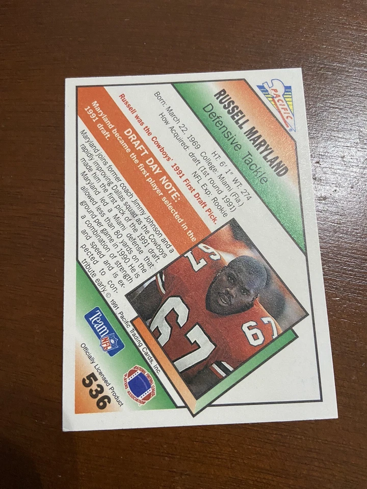 1991 Pacific Football Card Russell Maryland Autographed Rookie Dallas Cowboys - Image 2 of 2