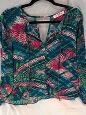 Buddy Love Sz Large Bonnie-2 Abstract Flowing Shirt Blouse Greens & Maroon Color