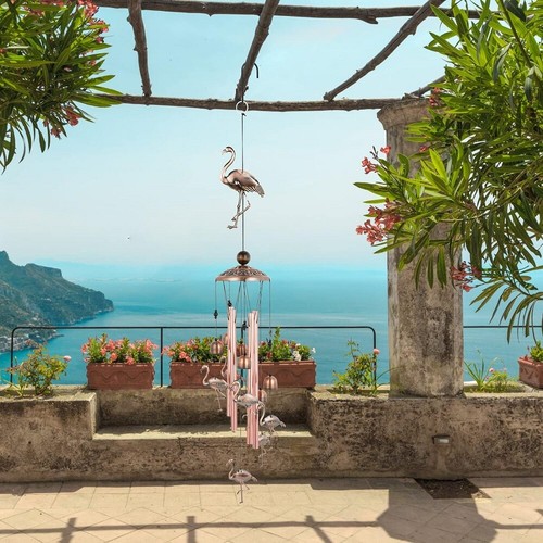Carillon a vento 33" fenicottero metallo giardino esterno 4 tubi campane decorazione casa cortile regalo - Foto 9 di 11