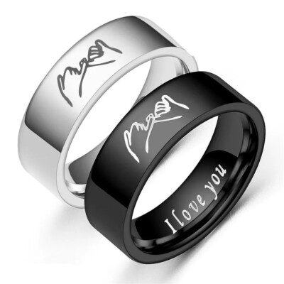 Couples Matching 2pc RING SET: ''I Love You'' & ''Pinky Promise'' Engraved Bands