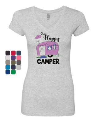One Happy Camper Women's V-Neck T-Shirt RV Trailer Camping Nature Wilderness