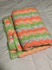Afghan Blanket Crochet Knit Throw Handmade Orange Green Pink White Granny Core