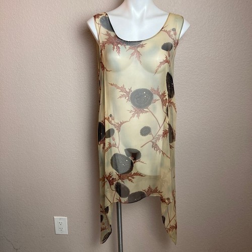 Harari Tunic Top Brown Floral Sleeveless Scoop Nec