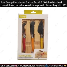 true - Cheese Knives, Set of 3 Stainless Steel & Enamel Tools With Wood Tray