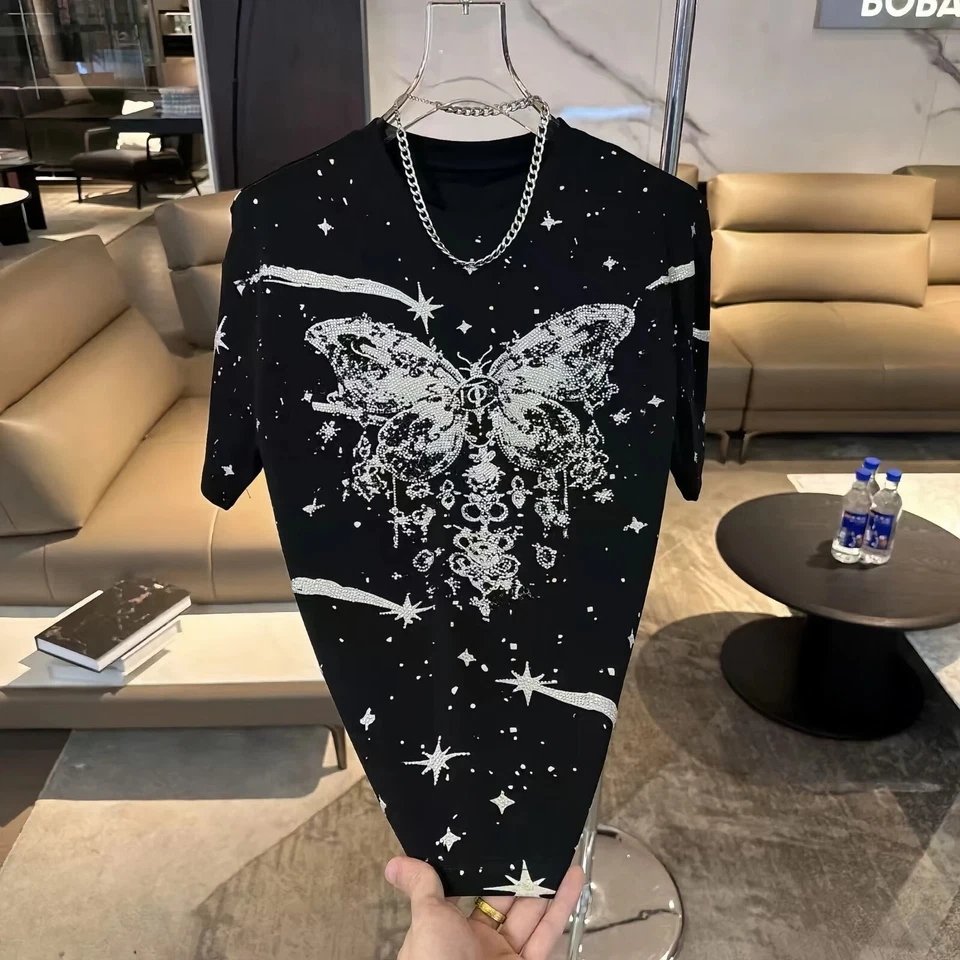 Nueva Camiseta de Lujo para Hombres Diamante Mariposa Estrás Moda Alta Calidad - Imagen 4 de 4